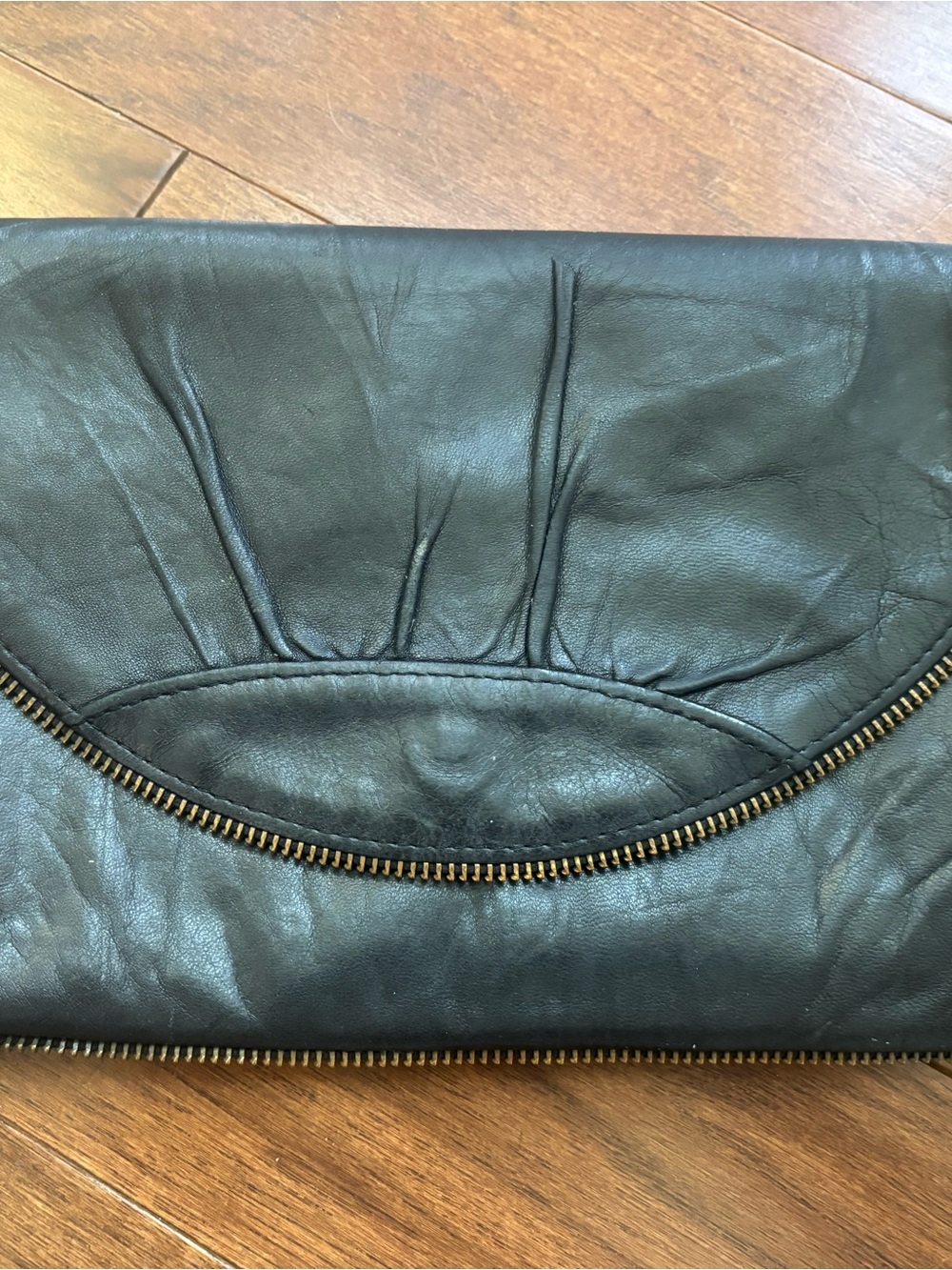 Lauren Merkin Black Leather Fold-Over Clutch with Gold Zipper Detail